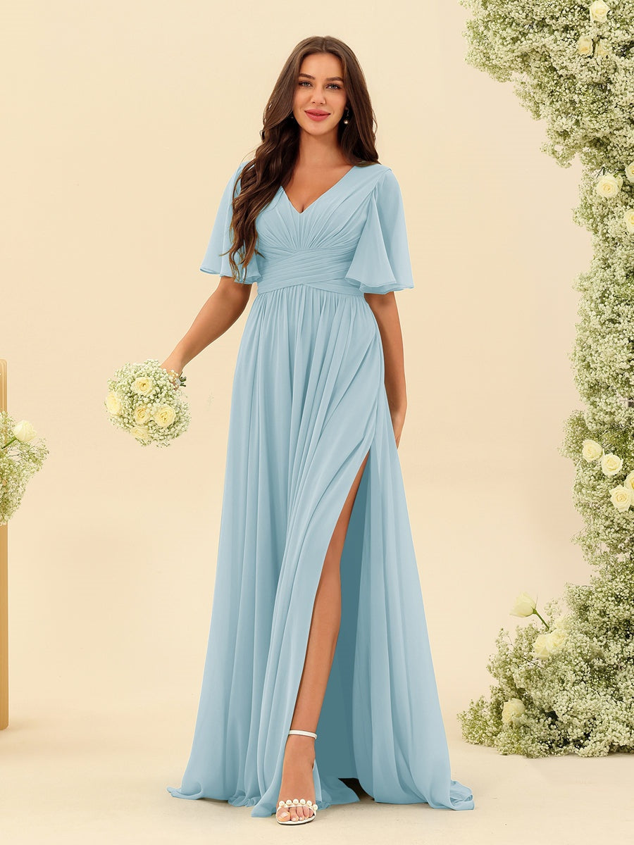 Dark Sage Chiffon A-Line Maxi Dress – Ruffles, Slit and Pockets