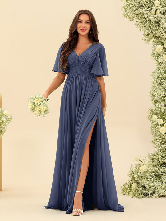 Dark Sage Chiffon A-Line Maxi Dress – Ruffles, Slit and Pockets
