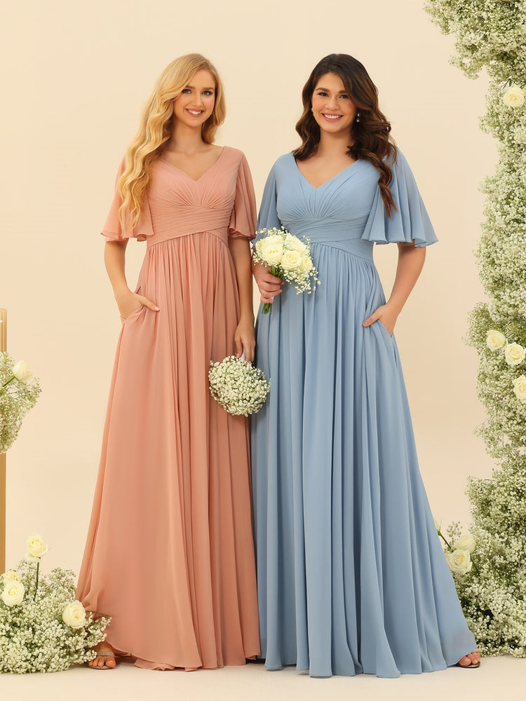 Dark Sage Chiffon A-Line Maxi Dress – Ruffles, Slit and Pockets
