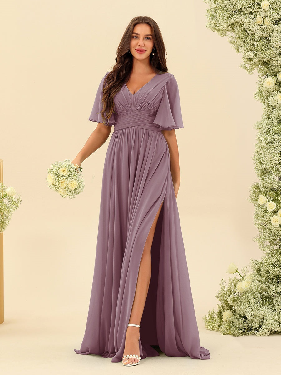 Dark Sage Chiffon A-Line Maxi Dress – Ruffles, Slit and Pockets