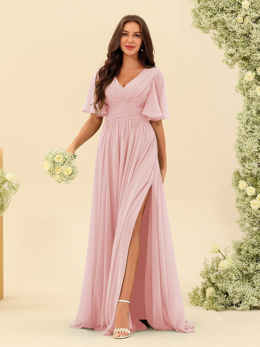 Dark Sage Chiffon A-Line Maxi Dress – Ruffles, Slit and Pockets