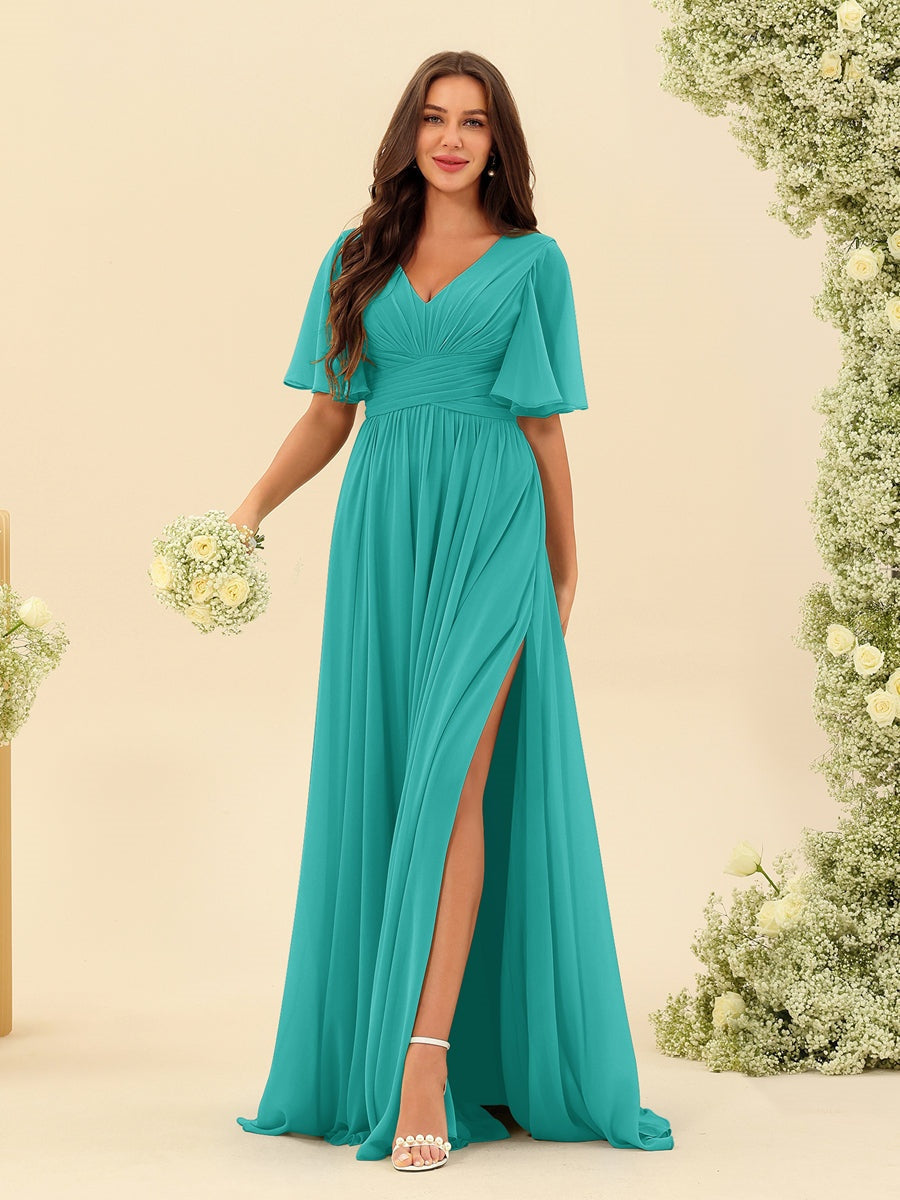 Dark Sage Chiffon A-Line Maxi Dress – Ruffles, Slit and Pockets