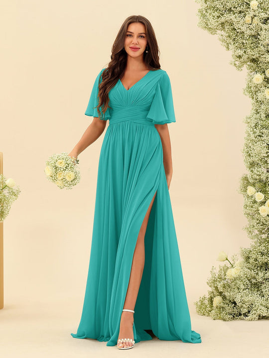 Dark Sage Chiffon A-Line Maxi Dress – Ruffles, Slit and Pockets