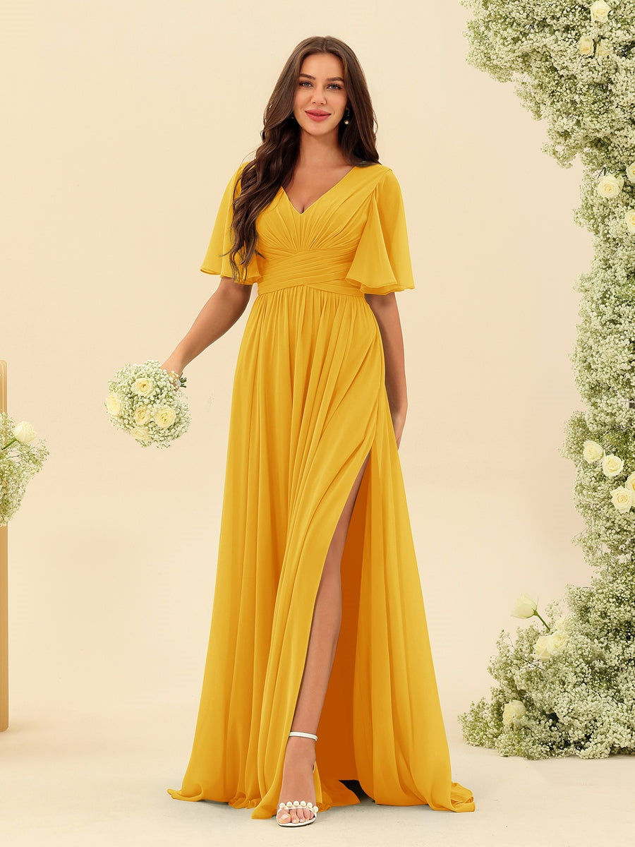 Dark Sage Chiffon A-Line Maxi Dress – Ruffles, Slit and Pockets