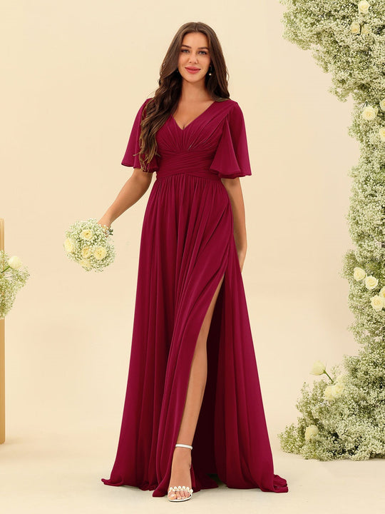 Dark Sage Chiffon A-Line Maxi Dress – Ruffles, Slit and Pockets