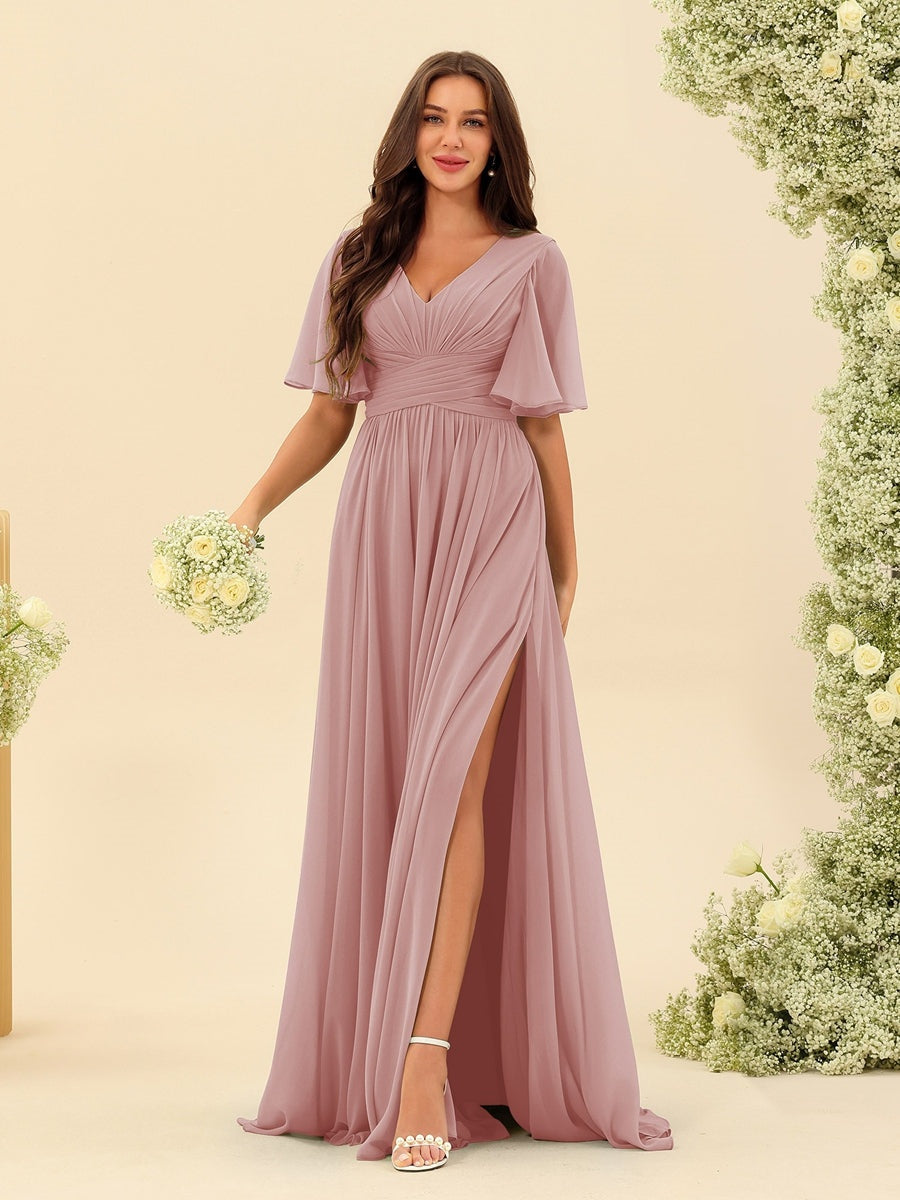 Dark Sage Chiffon A-Line Maxi Dress – Ruffles, Slit and Pockets