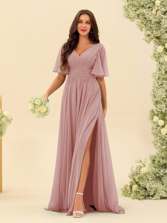 Dark Sage Chiffon A-Line Maxi Dress – Ruffles, Slit and Pockets