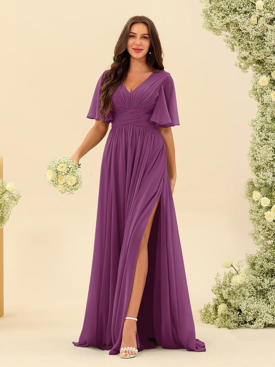 Dark Sage Chiffon A-Line Maxi Dress – Ruffles, Slit and Pockets