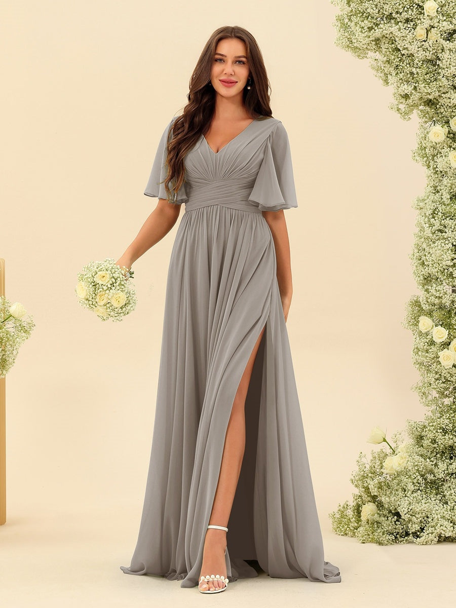 Dark Sage Chiffon A-Line Maxi Dress – Ruffles, Slit and Pockets