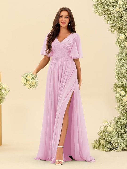 Dark Sage Chiffon A-Line Maxi Dress – Ruffles, Slit and Pockets
