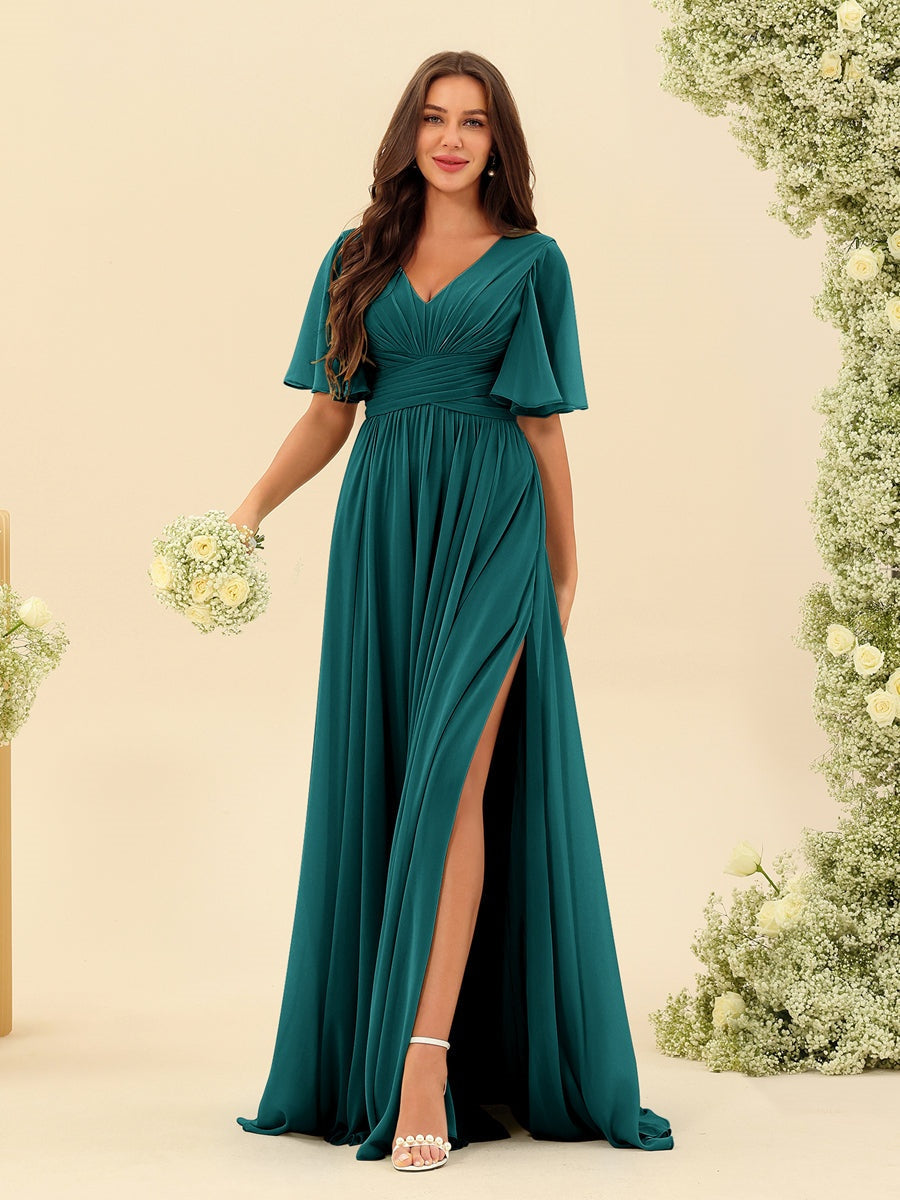 Dark Sage Chiffon A-Line Maxi Dress – Ruffles, Slit and Pockets