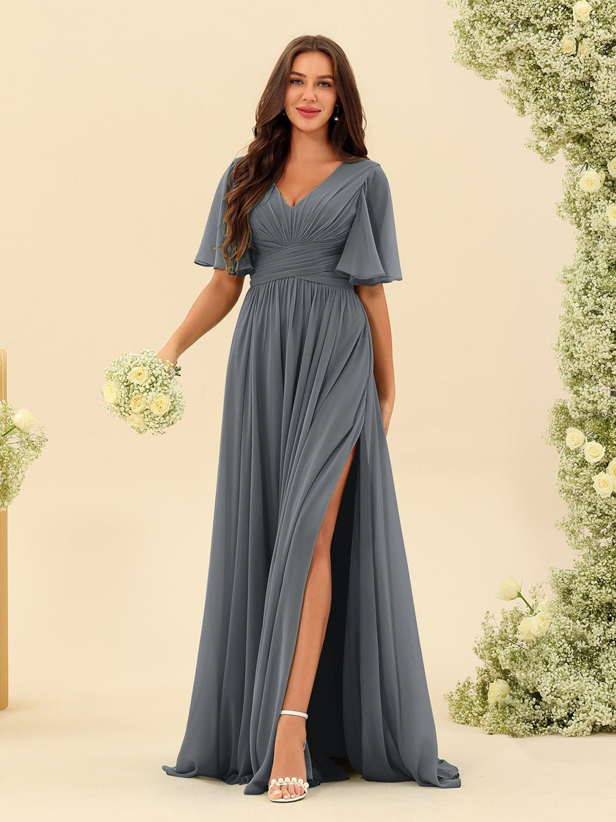 Dark Sage Chiffon A-Line Maxi Dress – Ruffles, Slit and Pockets