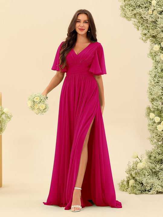 Dark Sage Chiffon A-Line Maxi Dress – Ruffles, Slit and Pockets