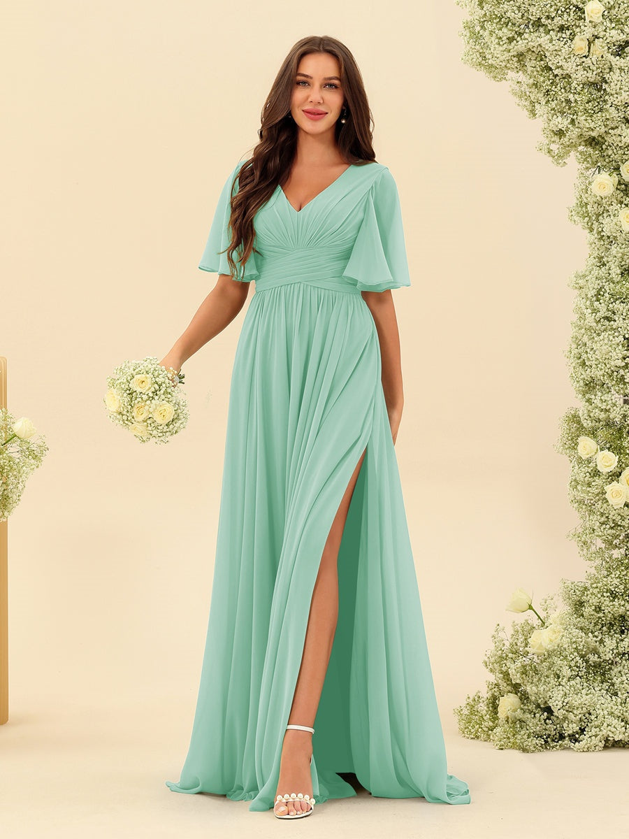 Dark Sage Chiffon A-Line Maxi Dress – Ruffles, Slit and Pockets