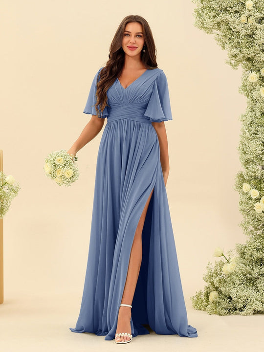 Dark Sage Chiffon A-Line Maxi Dress – Ruffles, Slit and Pockets