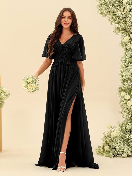 Dark Sage Chiffon A-Line Maxi Dress – Ruffles, Slit and Pockets