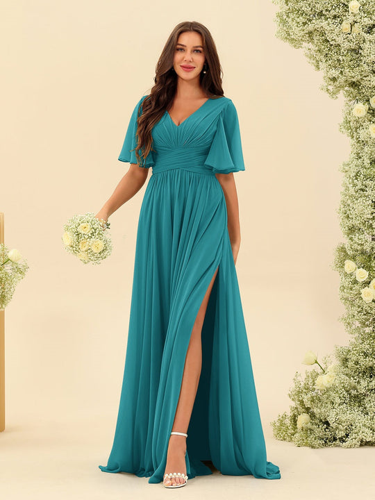 Dark Sage Chiffon A-Line Maxi Dress – Ruffles, Slit and Pockets