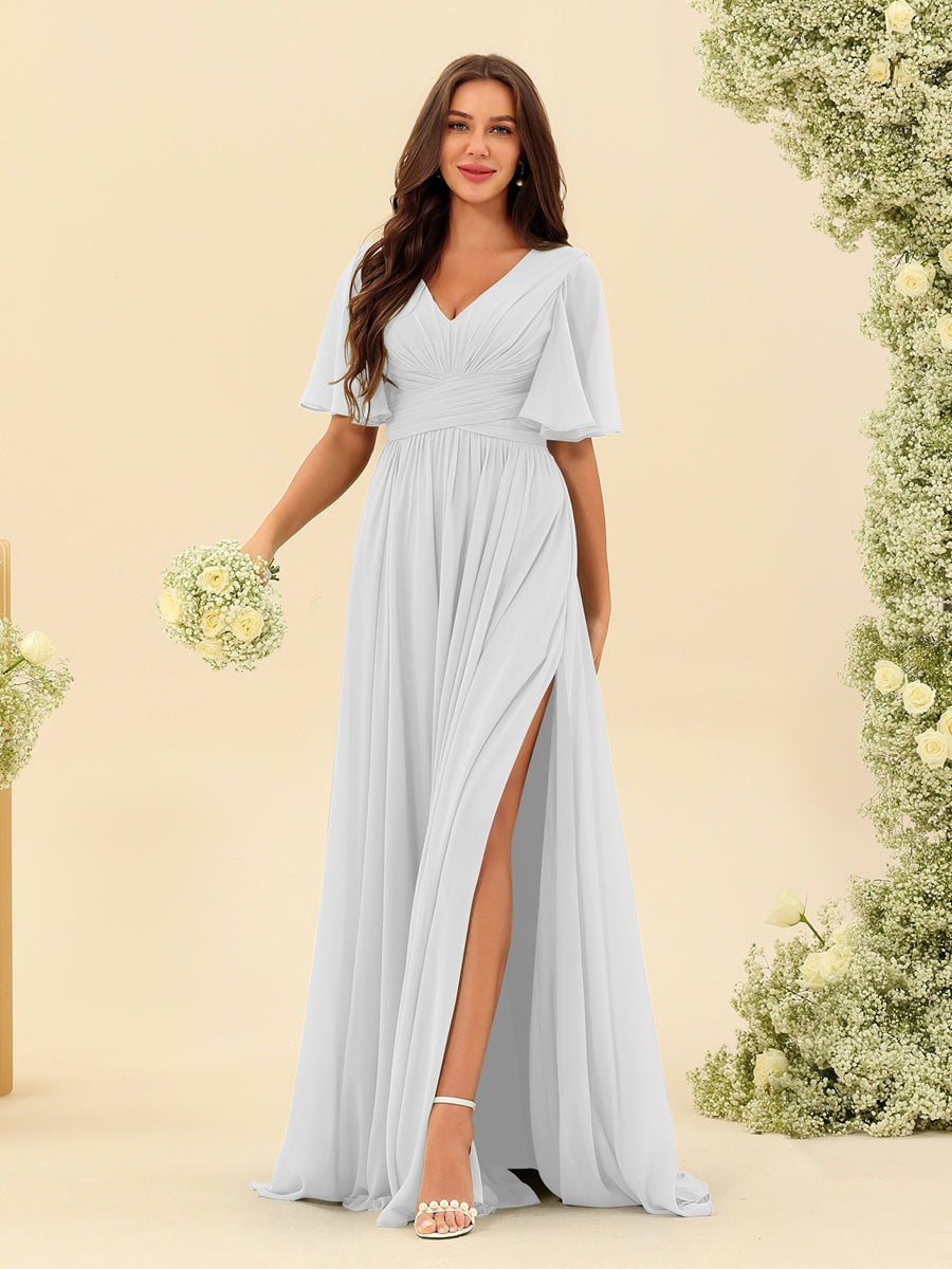 Dark Sage Chiffon A-Line Maxi Dress – Ruffles, Slit and Pockets