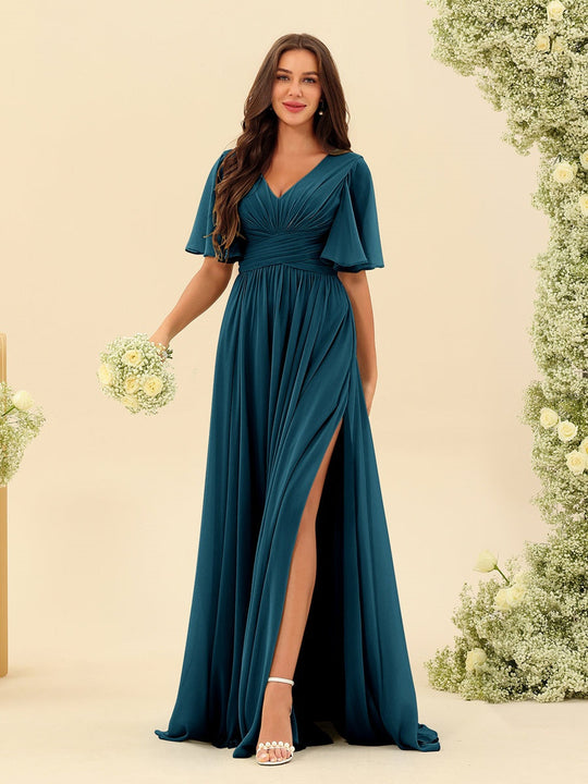 Dark Sage Chiffon A-Line Maxi Dress – Ruffles, Slit and Pockets