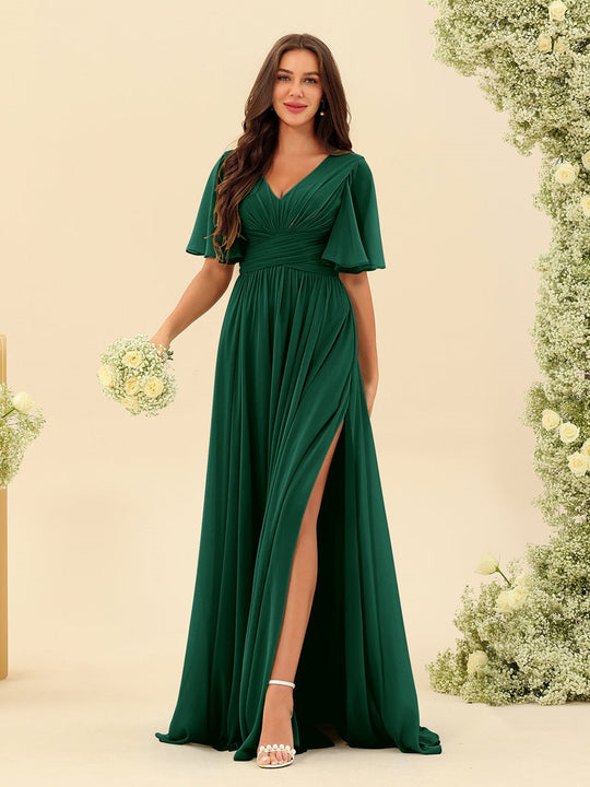Dark Sage Chiffon A-Line Maxi Dress – Ruffles, Slit and Pockets