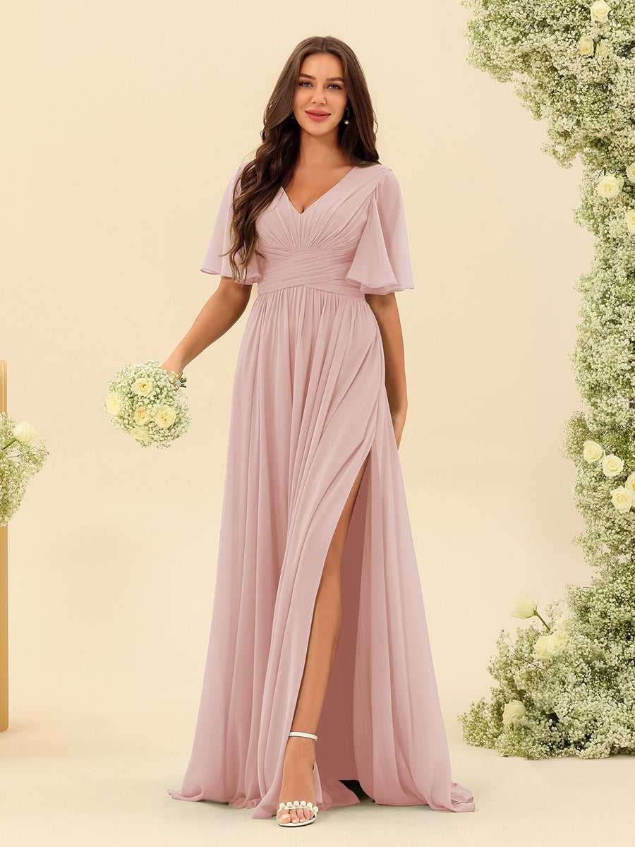 Dark Sage Chiffon A-Line Maxi Dress – Ruffles, Slit and Pockets