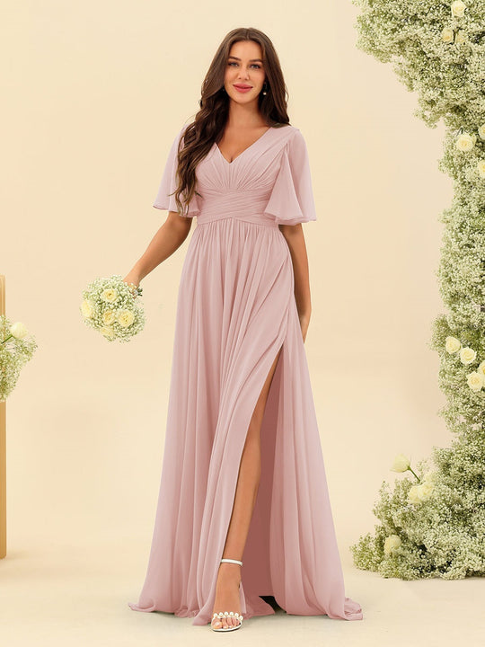 Dark Sage Chiffon A-Line Maxi Dress – Ruffles, Slit and Pockets