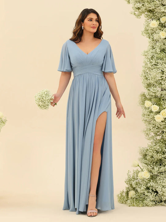 Dark Sage Chiffon A-Line Maxi Dress – Ruffles, Slit and Pockets