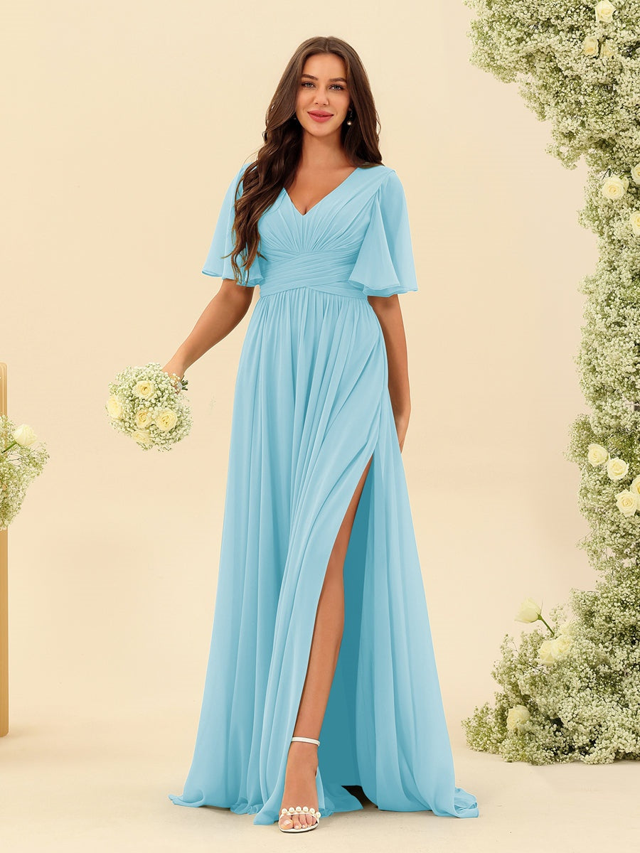 Dark Sage Chiffon A-Line Maxi Dress – Ruffles, Slit and Pockets