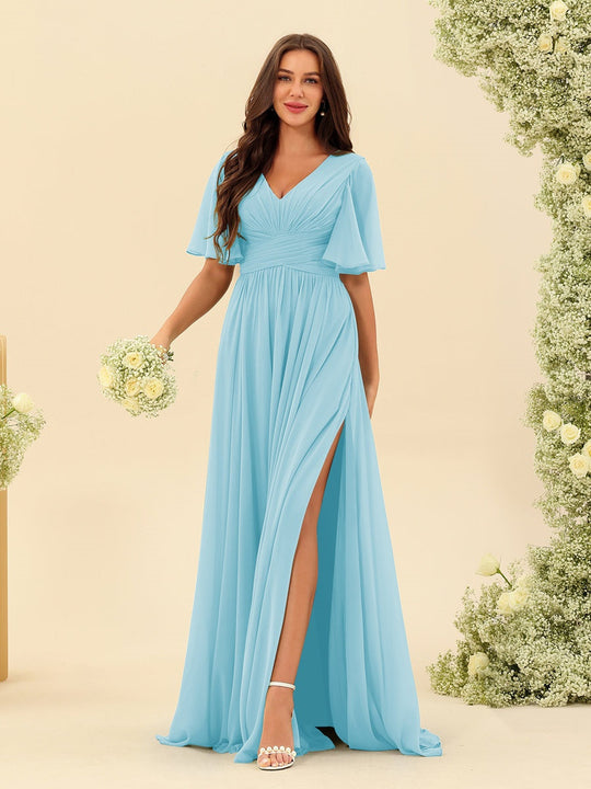 Dark Sage Chiffon A-Line Maxi Dress – Ruffles, Slit and Pockets