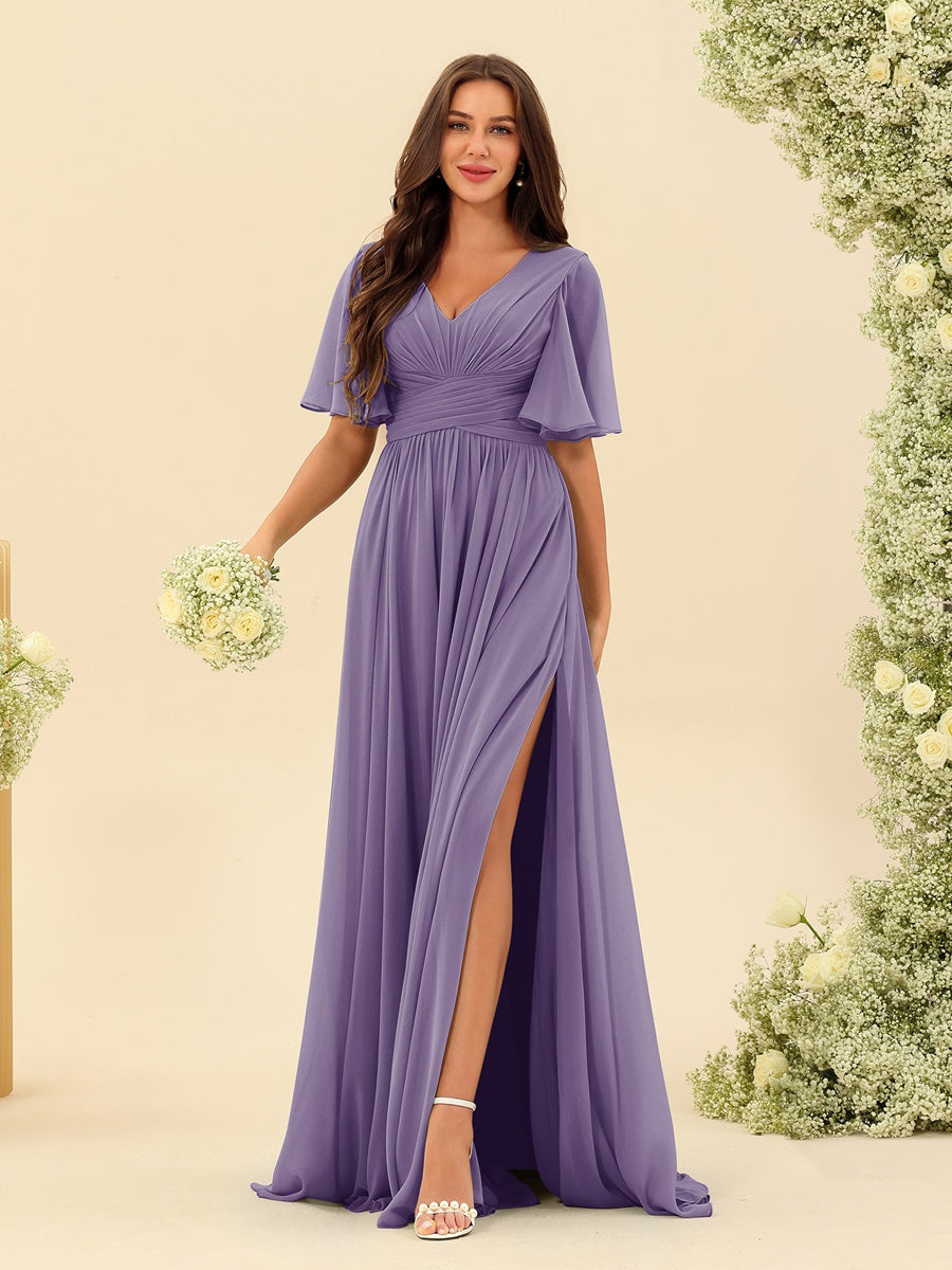 Dark Sage Chiffon A-Line Maxi Dress – Ruffles, Slit and Pockets
