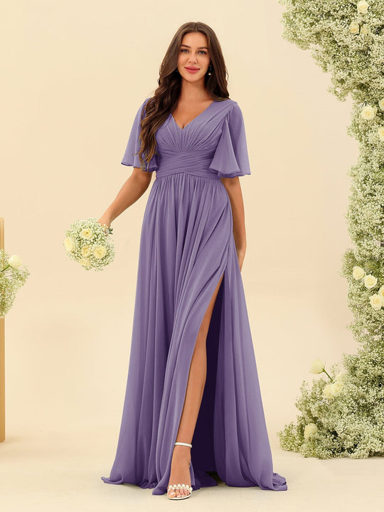 Dark Sage Chiffon A-Line Maxi Dress – Ruffles, Slit and Pockets