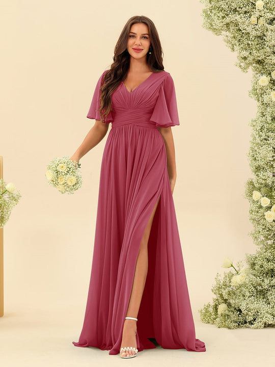 Dark Sage Chiffon A-Line Maxi Dress – Ruffles, Slit and Pockets