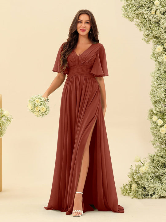 Dark Sage Chiffon A-Line Maxi Dress – Ruffles, Slit and Pockets