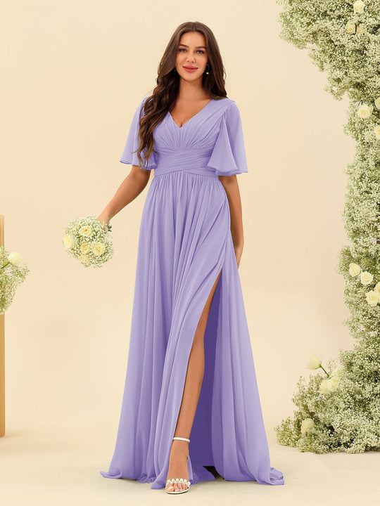 Dark Sage Chiffon A-Line Maxi Dress – Ruffles, Slit and Pockets
