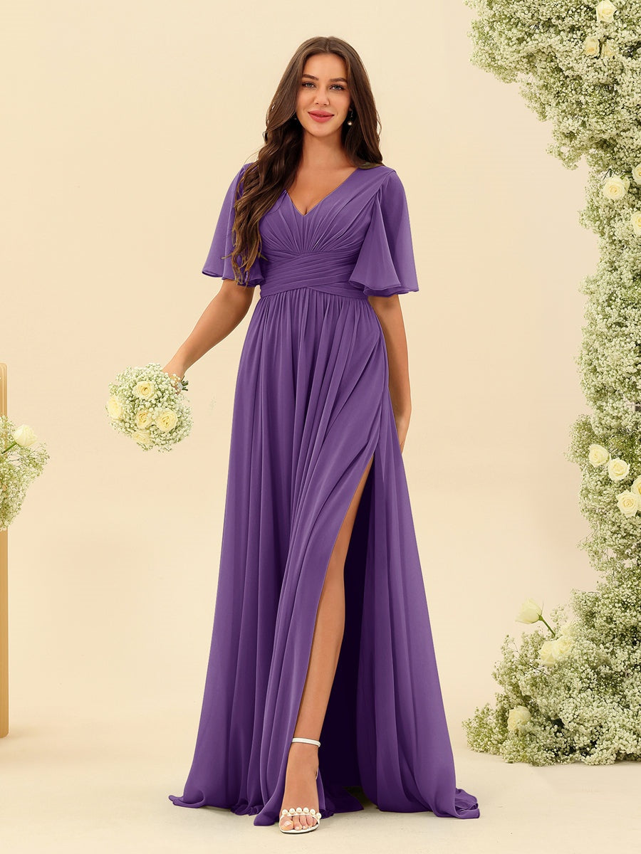 Dark Sage Chiffon A-Line Maxi Dress – Ruffles, Slit and Pockets