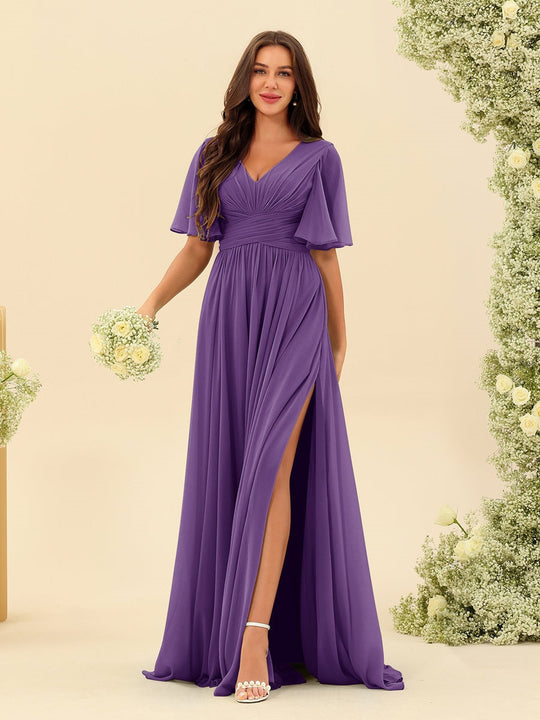 Dark Sage Chiffon A-Line Maxi Dress – Ruffles, Slit and Pockets