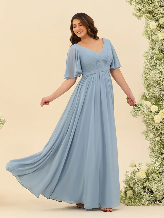 Dark Sage Chiffon A-Line Maxi Dress – Ruffles, Slit and Pockets