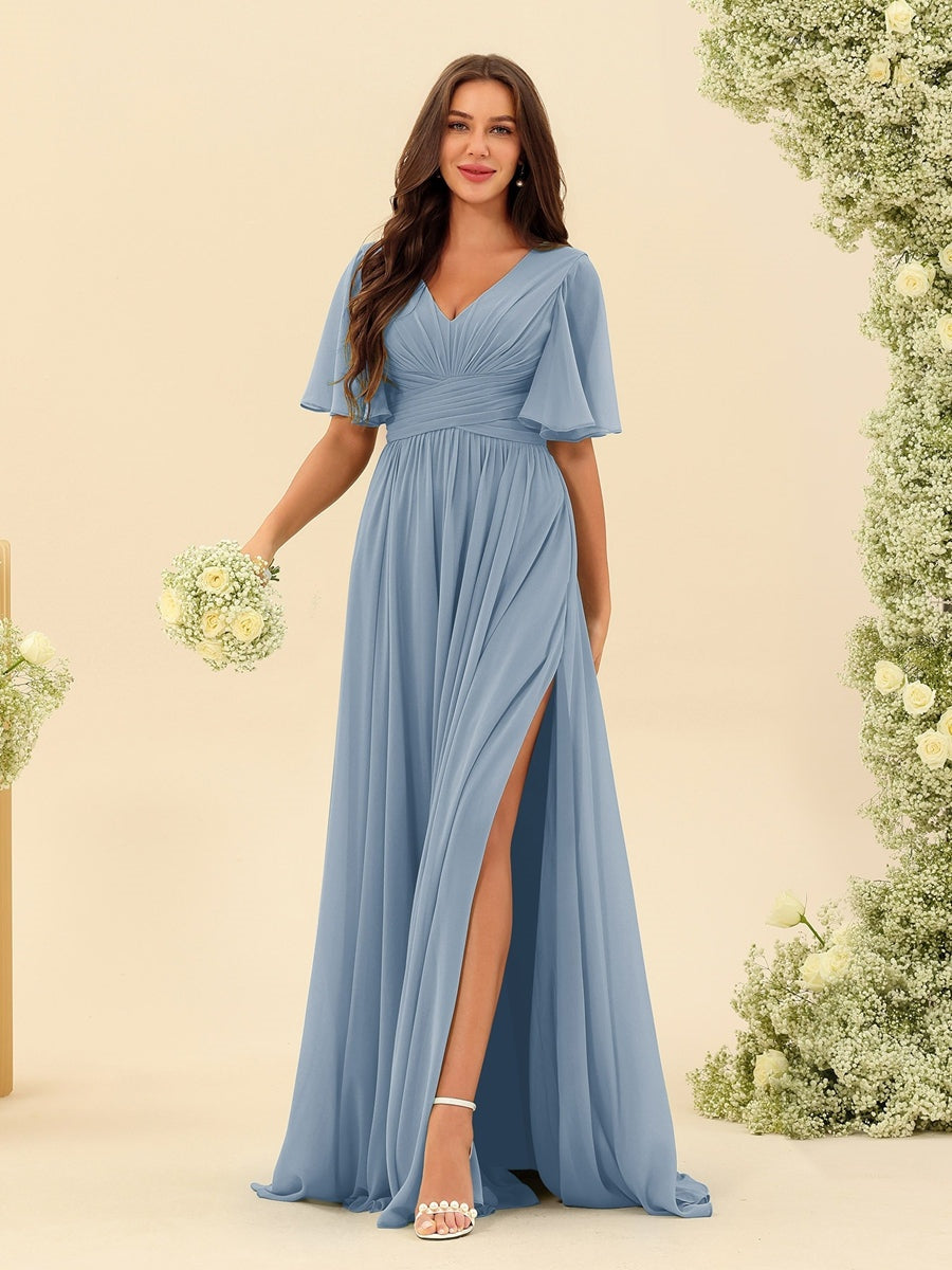 Dark Sage Chiffon A-Line Maxi Dress – Ruffles, Slit and Pockets
