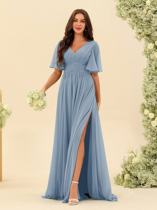 Dark Sage Chiffon A-Line Maxi Dress – Ruffles, Slit and Pockets