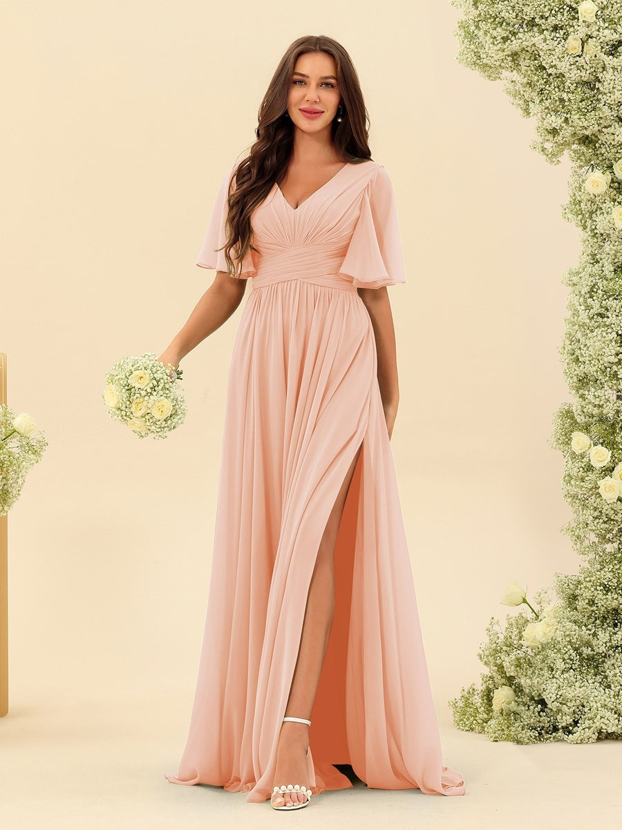 Dark Sage Chiffon A-Line Maxi Dress – Ruffles, Slit and Pockets