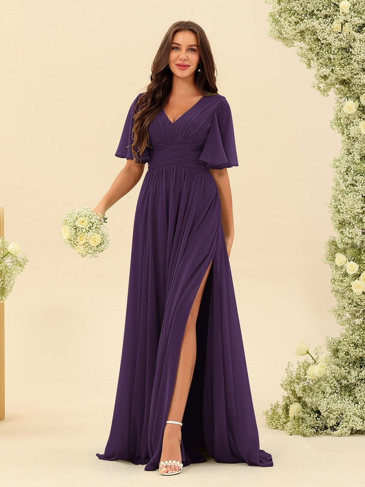 Dark Sage Chiffon A-Line Maxi Dress – Ruffles, Slit and Pockets