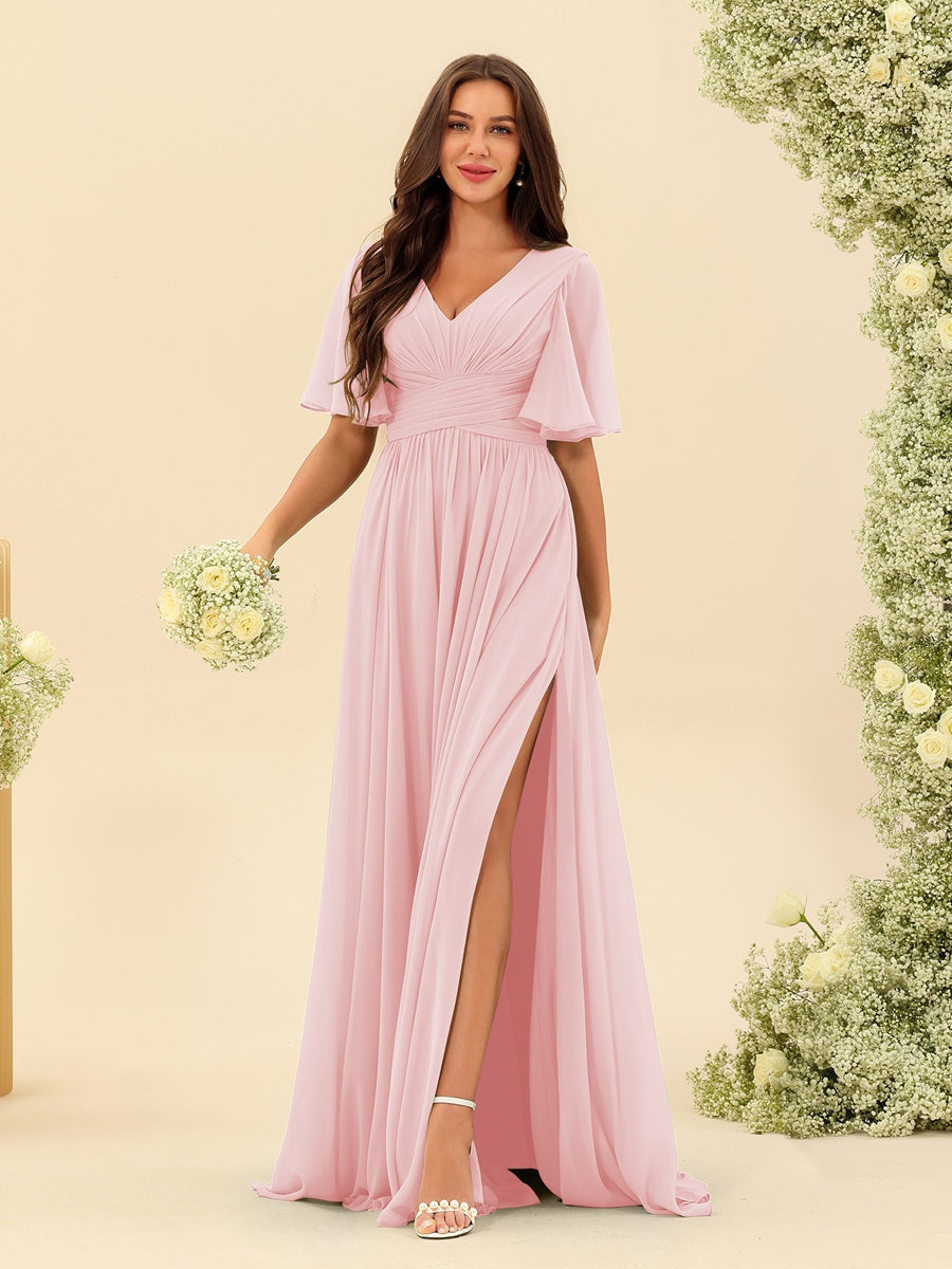 Dark Sage Chiffon A-Line Maxi Dress – Ruffles, Slit and Pockets