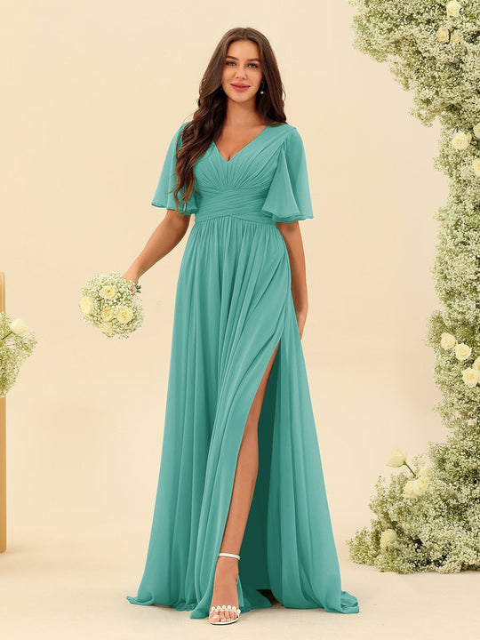 Dark Sage Chiffon A-Line Maxi Dress – Ruffles, Slit and Pockets
