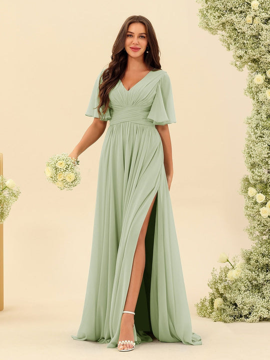Dark Sage Chiffon A-Line Maxi Dress – Ruffles, Slit and Pockets