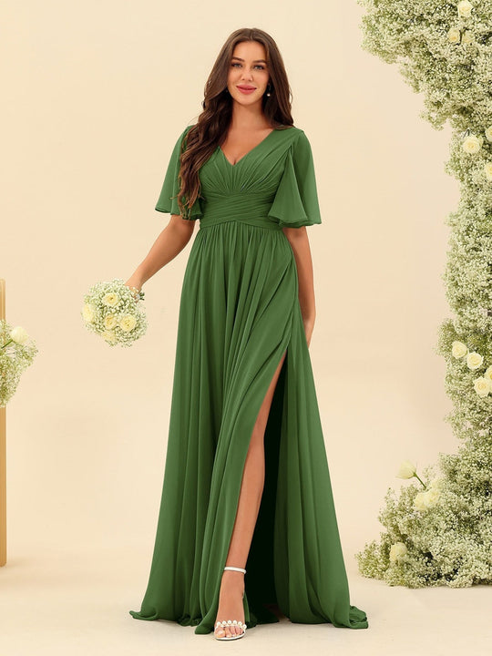 Dark Sage Chiffon A-Line Maxi Dress – Ruffles, Slit and Pockets