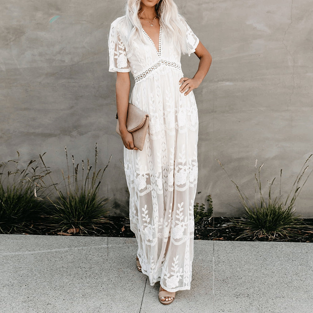 Denise Women's V-Neck Maxi Dress – Flowing Short-Sleeve Boho Style
