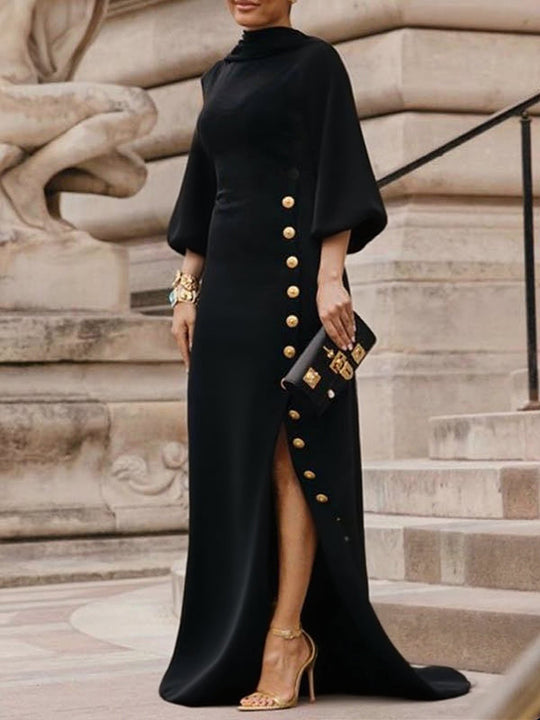 Elegant Puff-Sleeve Maxi Dress – Button Details and Side Slit