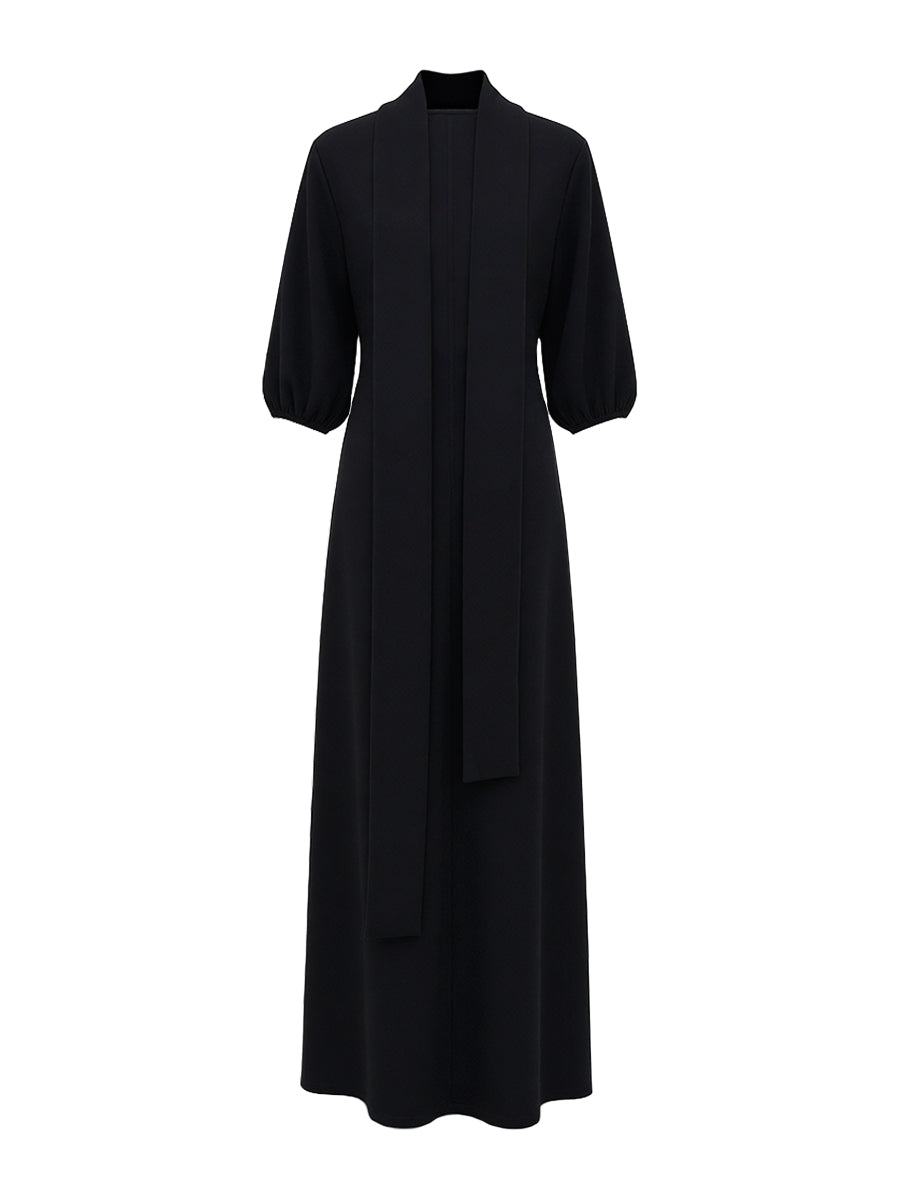 Elegant Puff-Sleeve Maxi Dress – Button Details and Side Slit