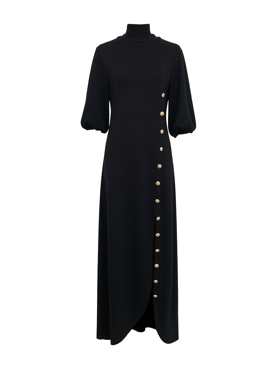 Elegant Puff-Sleeve Maxi Dress – Button Details and Side Slit