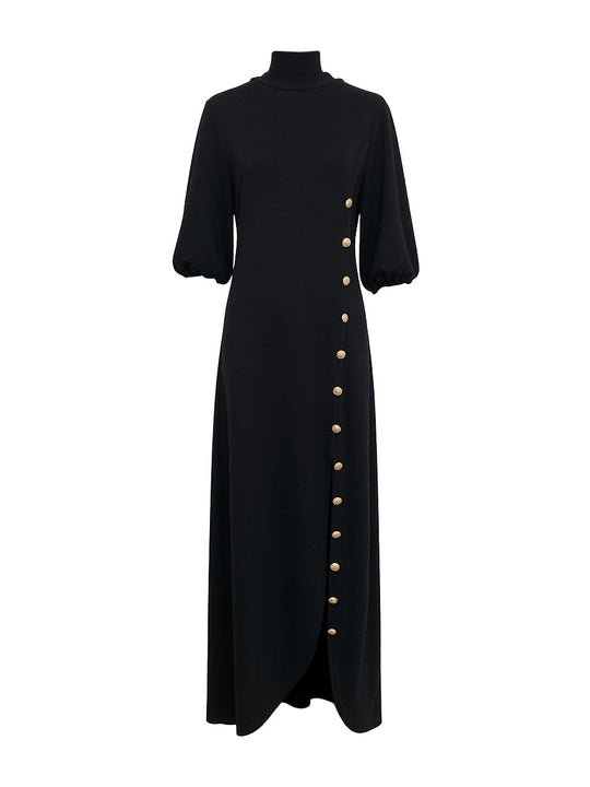 Elegant Puff-Sleeve Maxi Dress – Button Details and Side Slit